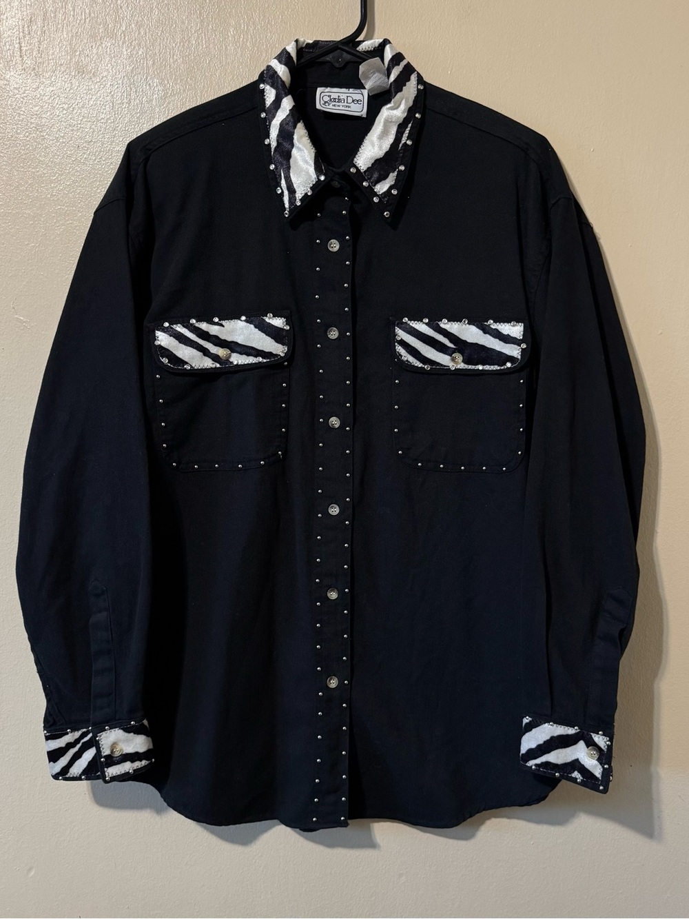 Vintage Black Jean Jacket with Black-and-White Zebra Accents